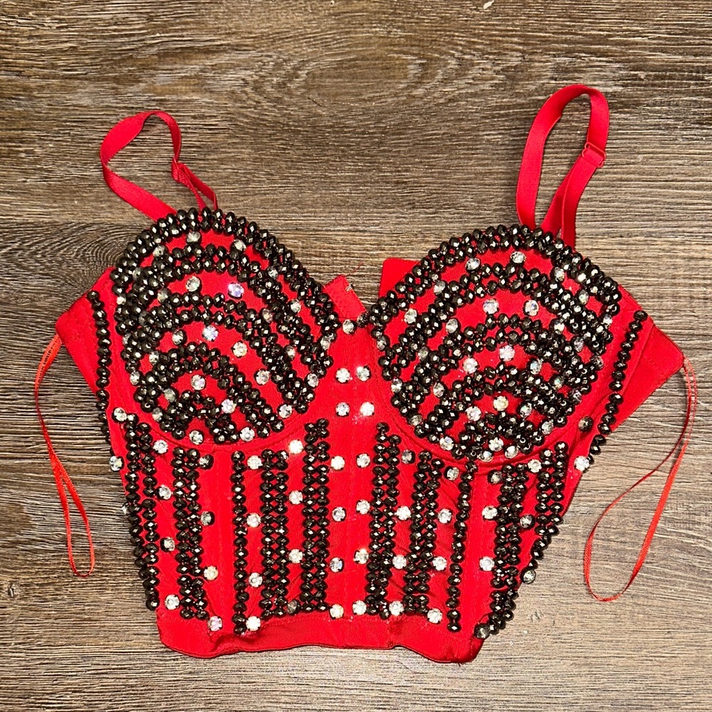 love J Red Beaded Crop Bustier Top
